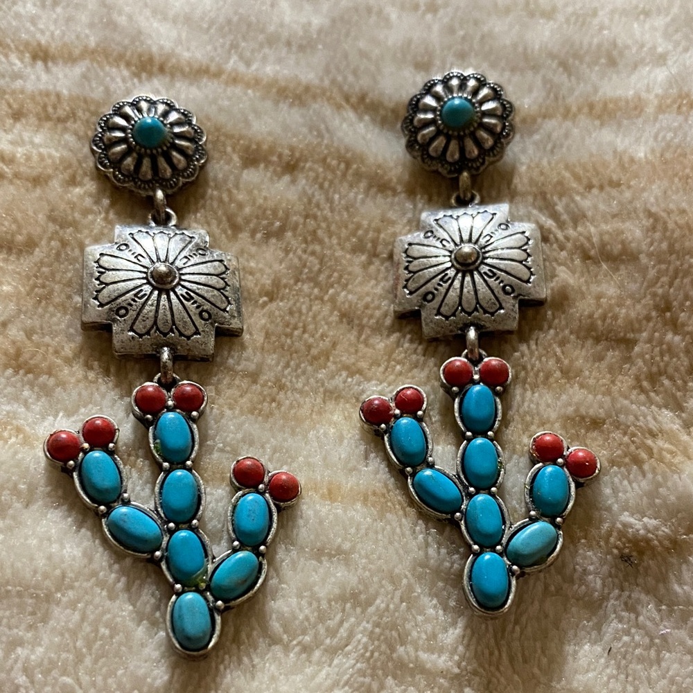 Turquoise and Coral Cactus Dangle Earrings - Southwestern Style
